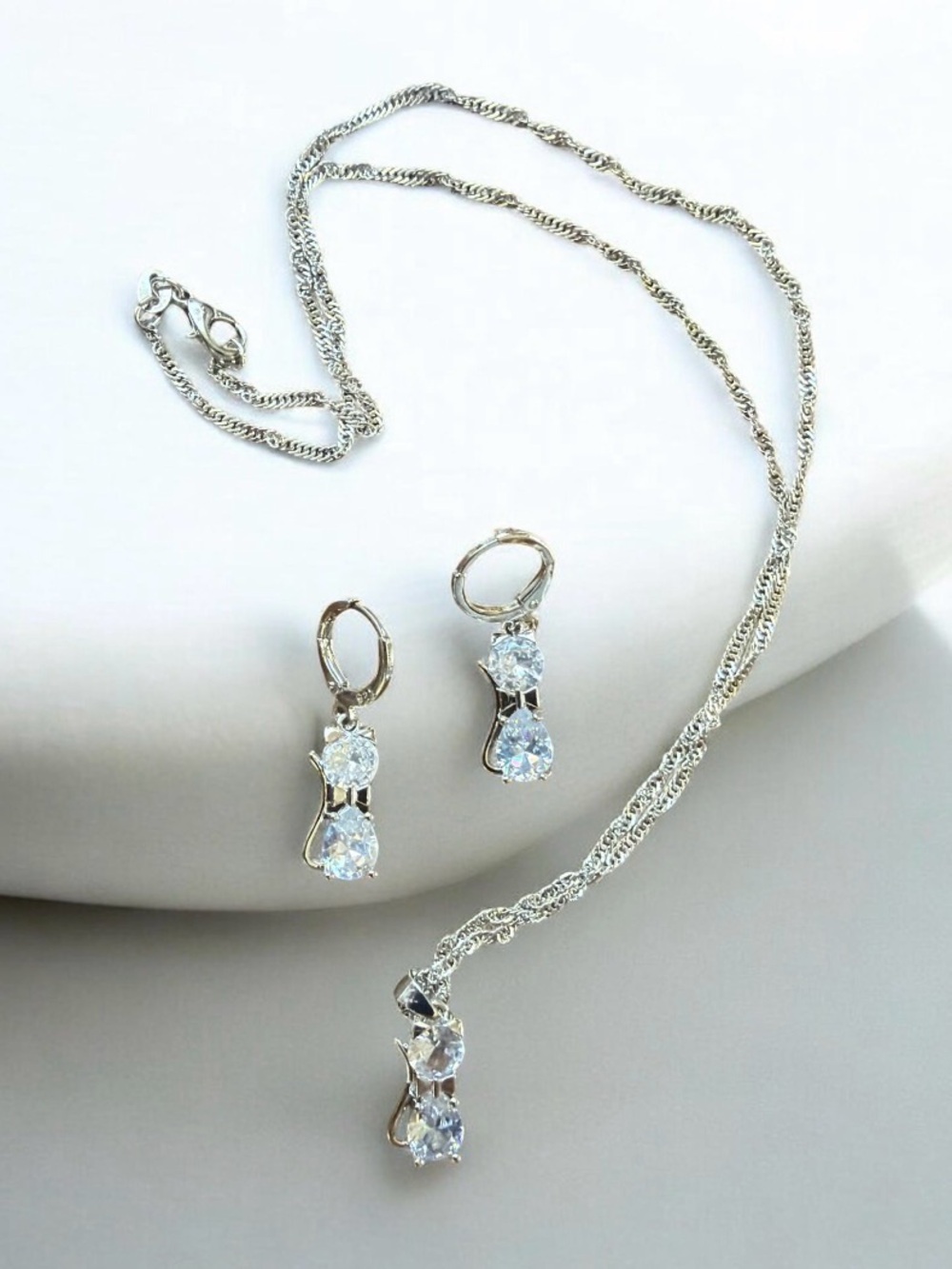 Cat Jewelry Set Pendant Necklace & Huggie Earrings CZ Crystal NEW